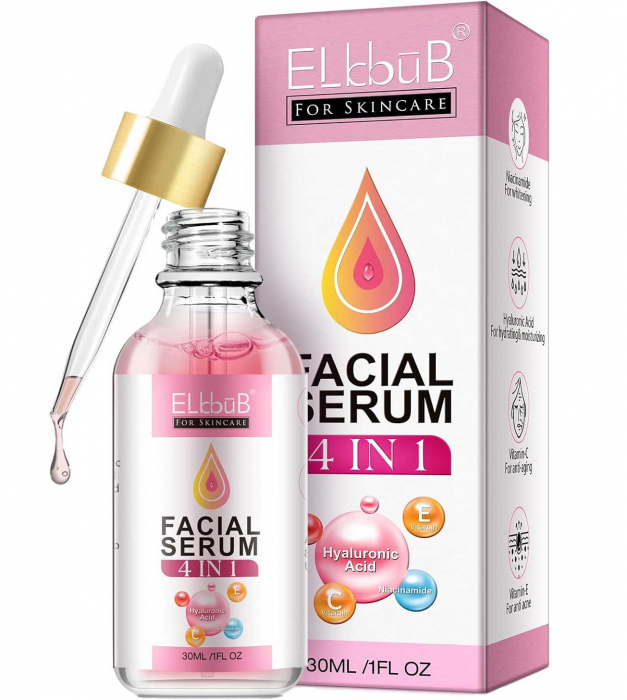 Ser Facial 4 in 1, Anti-acnee, Anti-roseata, Anti-sebum cu Niacinamida, Acid Hialuronic, Vitamina C E, Elbbub, 30 ml