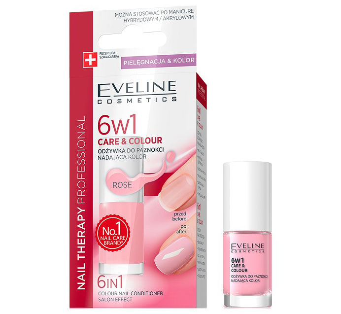 Ser tratament profesional pentru unghii EVELINE 6 in 1 Colour Nail Conditioner, nuanta Rose, 5 ml