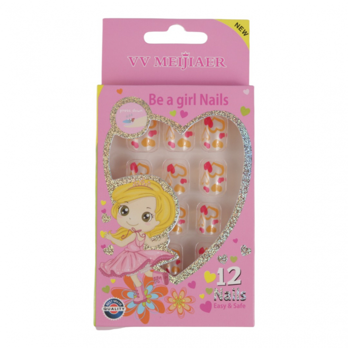 Set 12 unghii false pentru copii, 23 inimioare pe gheata