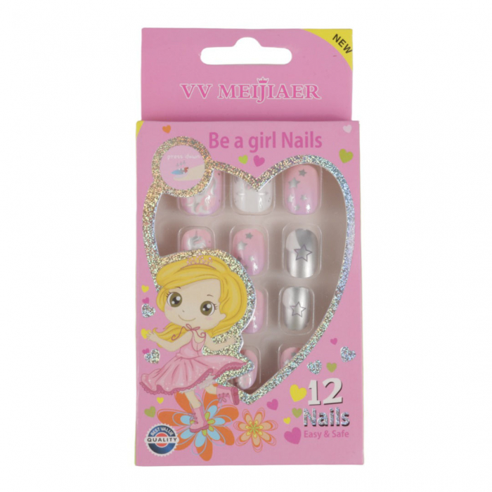 Set 12 unghii false pentru copii, 45 stelute argintii