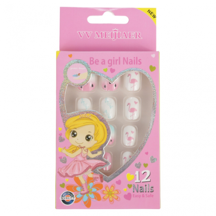 Set 12 unghii false pentru copii, 54 flamingo roz