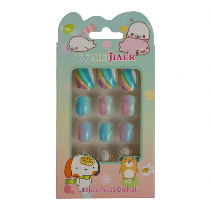 Set 12 Unghii False Pentru Copii, Model L, Curcubeu-big