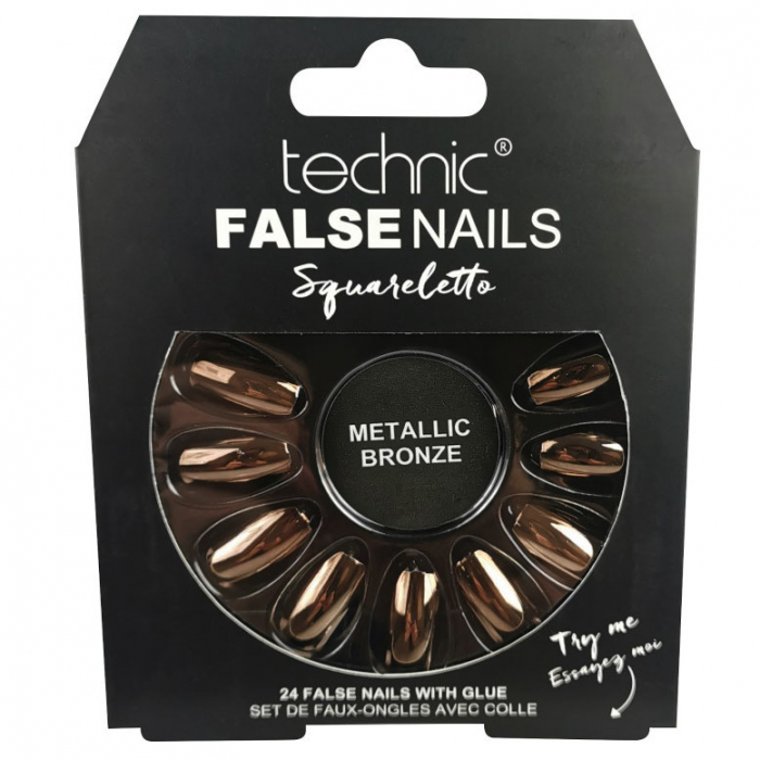 Set 24 Unghii False cu adeziv inclus Technic False Nails, Squareletto, Metallic Bronze-big