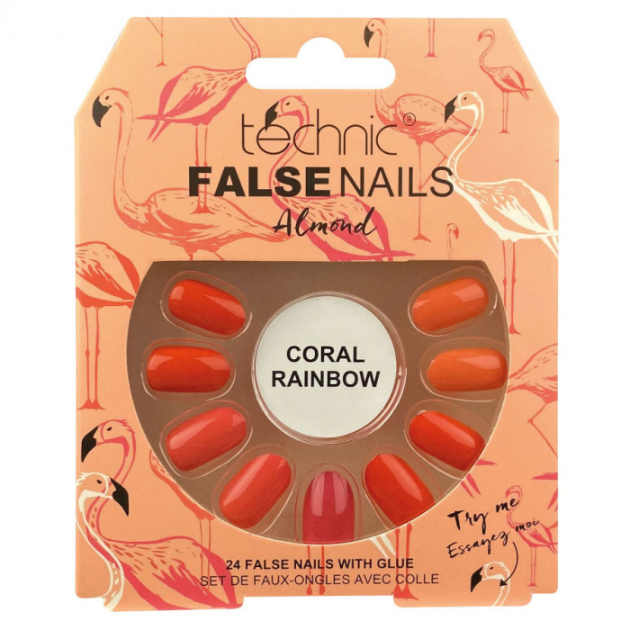 Set 24 Unghii False cu adeziv inclus Technic False Nails, Almond, Coral Rainbow