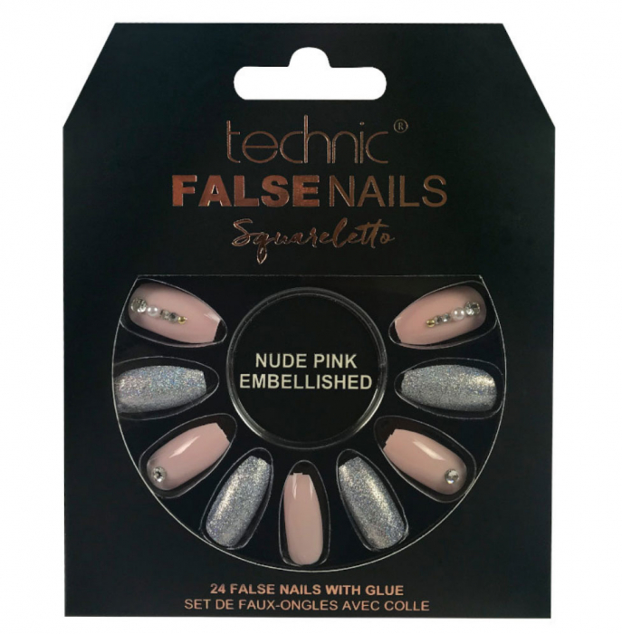Set 24 Unghii False cu adeziv inclus Technic False Nails, Squareletto, Nude Pink Embellished-big