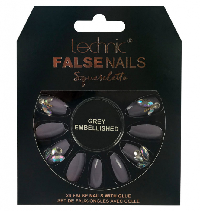 Set 24 Unghii False cu adeziv inclus Technic False Nails, Squareletto, Grey Embellished