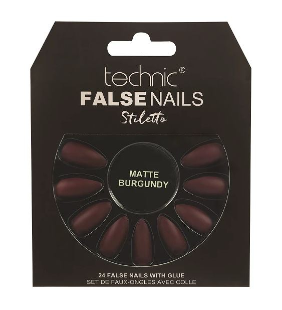 Set 24 Unghii False cu adeziv inclus Technic False Nails, Stiletto, Matte Burgundy