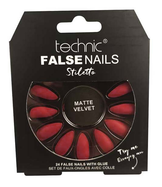 Set 24 Unghii False cu adeziv inclus Technic False Nails, Stiletto, Red Matte Velvet