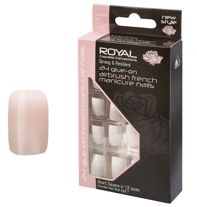 Set 24 Unghii False ROYAL Glue-On Nail Airbrush French Manicure Nails, Adeziv Inclus 2 g