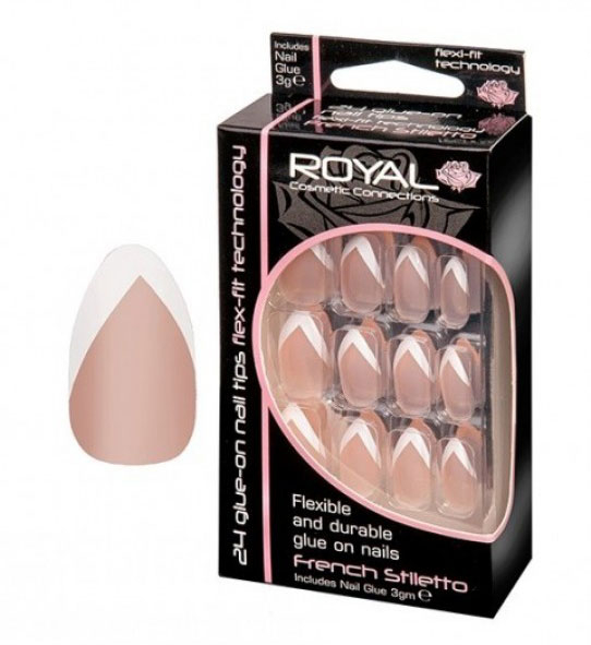 Set 24 unghii false royal glue-on nail french stiletto, adeziv inclus 3 g