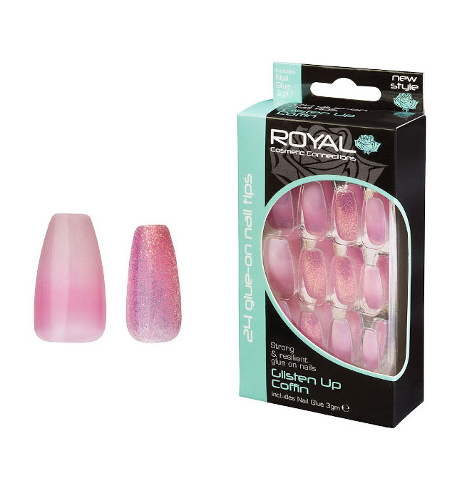 Set 24 unghii false royal glue-on nail tips, glisten up coffin, adeziv inclus 2 g