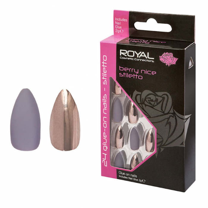 Set 24 Unghii False ROYAL Glue-On Nail Tips, Berry Nice Stiletto, Adeziv Inclus 3 g produsecosmetice.ro imagine noua