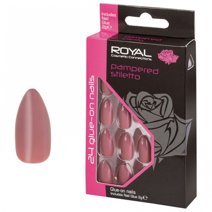 Set 24 unghii false royal glue-on nail tips, pampered stiletto, adeziv inclus