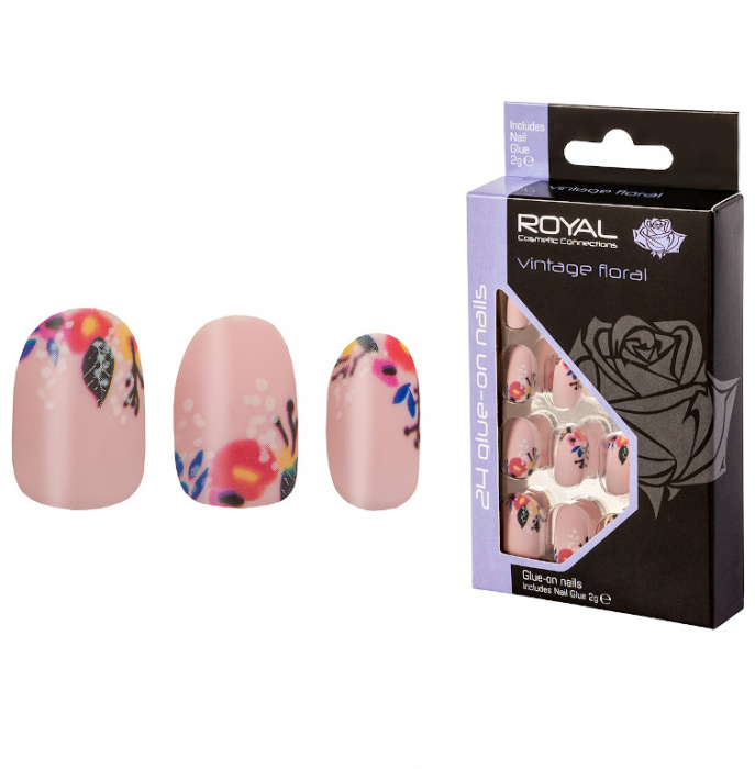 Set 24 Unghii False ROYAL Glue-On Nail Tips, Vintage Floral, Adeziv Inclus 2 g-big