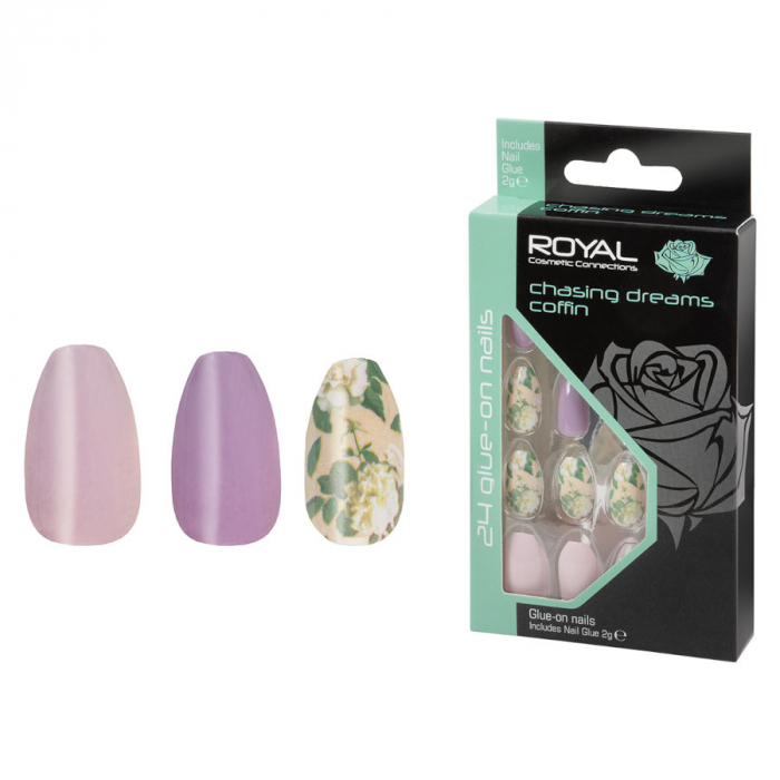 Set 24 unghii false royal glue-on nail tips, chasing dreams coffin, adeziv inclus 3 g