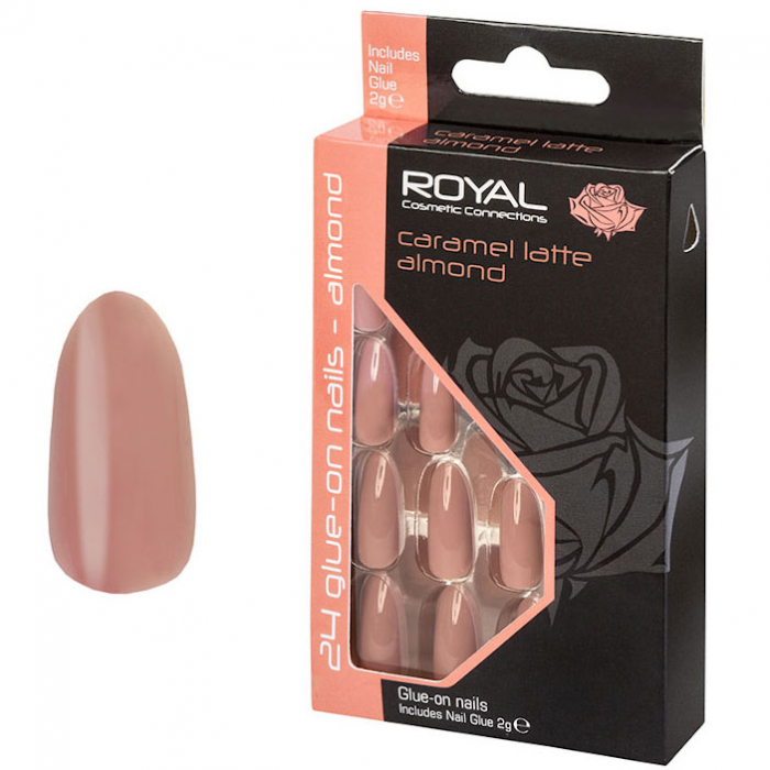 Set 24 Unghii False ROYAL Glue-On Nail Tips, Caramel Latte Almond, Adeziv Inclus 3 g