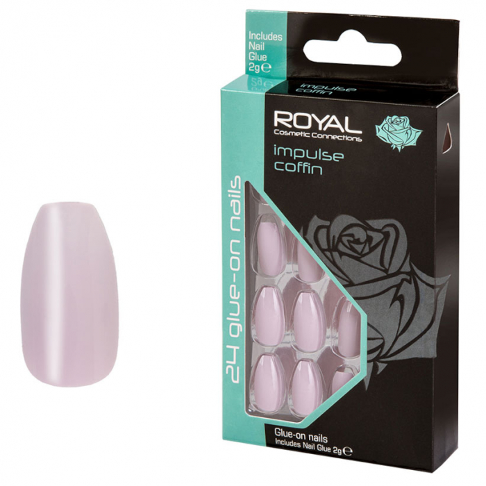 Set 24 unghii false royal glue-on nail tips, impulse coffin, adeziv inclus 3 g