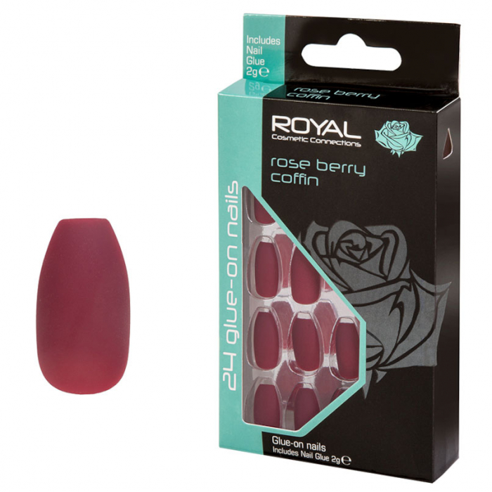 Set 24 unghii false royal glue-on nail tips, rose berry coffin, adeziv inclus 3 g