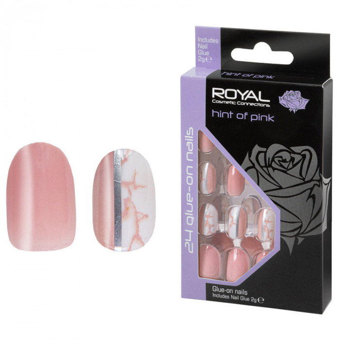 Set 24 Unghii False ROYAL Glue-On Nail Tips, Hint Of Pink, Adeziv Inclus