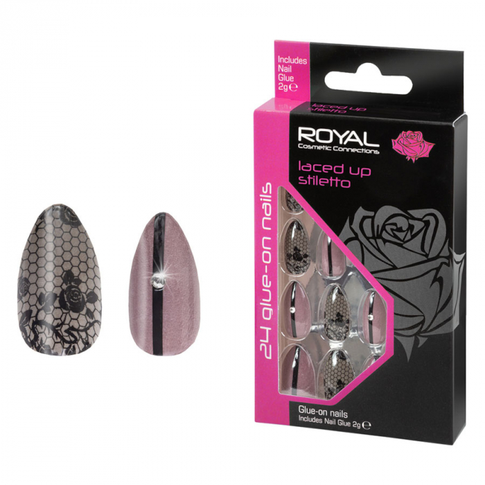 Set 24 Unghii False ROYAL Glue-On Nail Tips, Laced Up Stiletto, Adeziv Inclus-big