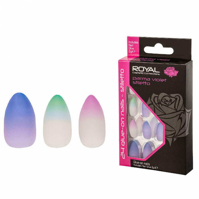 Set 24 unghii false royal glue-on nail tips, parma violet stiletto, adeziv inclus