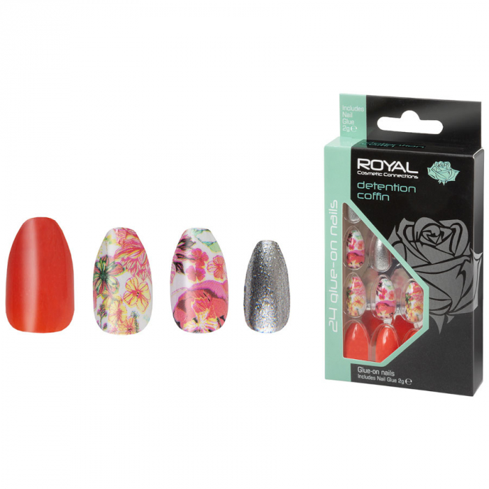 Set 24 unghii false royal glue-on nail tips, detention coffin, adeziv inclus 3 g