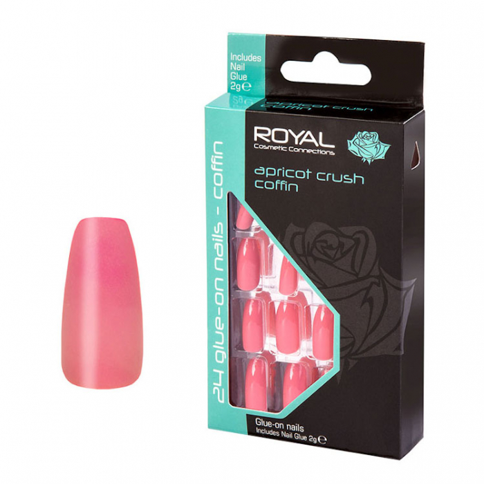 Set 24 unghii false royal glue-on nail tips, apricot crush coffin, adeziv inclus 2 g