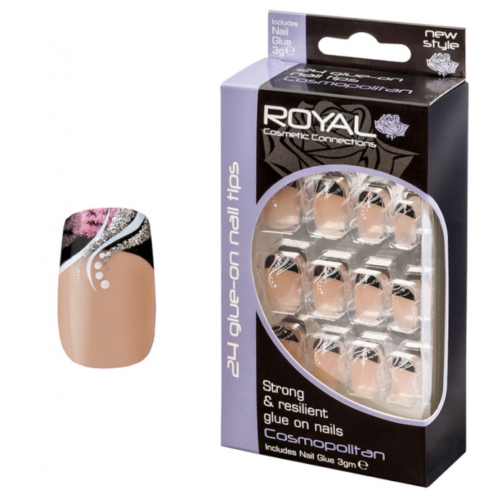 Set 24 unghii false royal glue-on nail tips, cosmopolitan, adeziv inclus