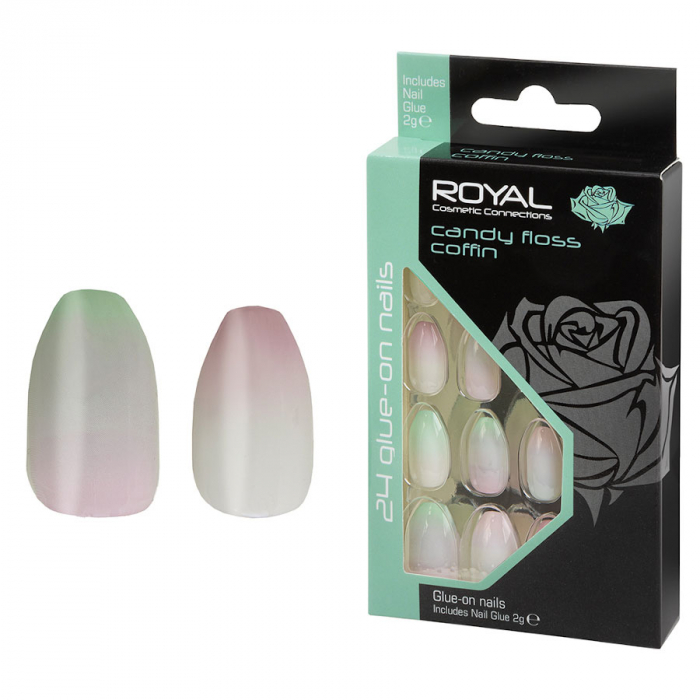 Set 24 Unghii False ROYAL Glue-On Nail Tips, Candy Floss Coﬃn, Adeziv Inclus 3 g-big