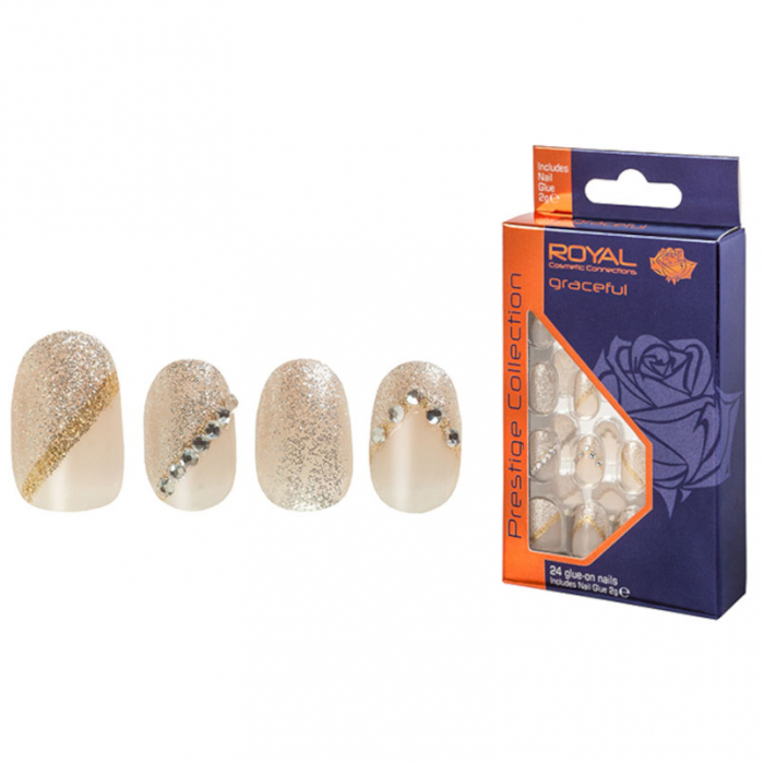 Set 24 Unghii False ROYAL Prestige Collection, Glue-On Nail Tips, Graceful, Adeziv Inclus