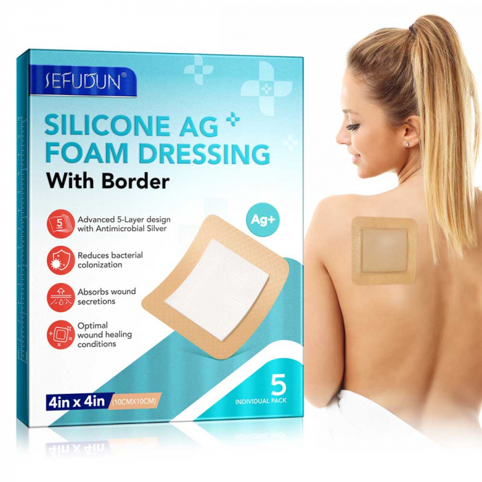 Comprese Premium pentru Cicatrici din Spuma de Silicon cu Argint si Margine Adeziva, 5 buc, 10 cm x 10 cm-big