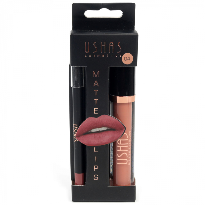 Set buze cu Ruj Lichid Mat si Creion de buze, USHAS Matte Lips, 04 Urban Nude