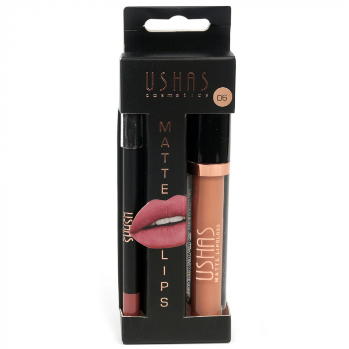 Set buze cu Ruj Lichid Mat si Creion de buze, USHAS Matte Lips, 06 Perfect Nude