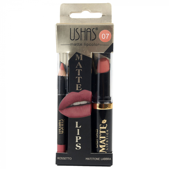 Set buze cu Ruj Mat si Creion de buze, USHAS Matte Lips, 07 Rosy Nude