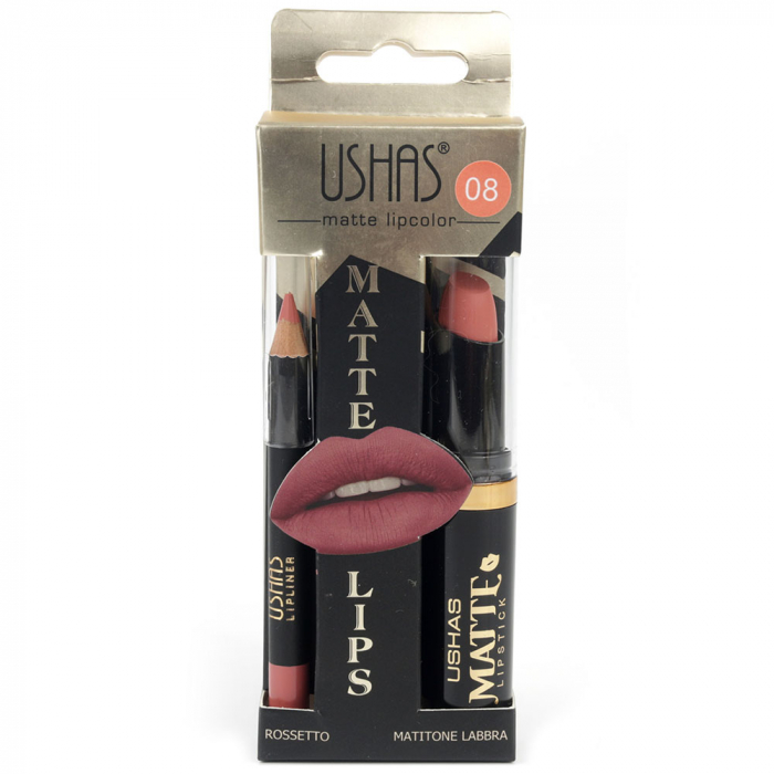 Set buze cu Ruj Mat si Creion de buze, USHAS Matte Lips, 08 Kiss Nude