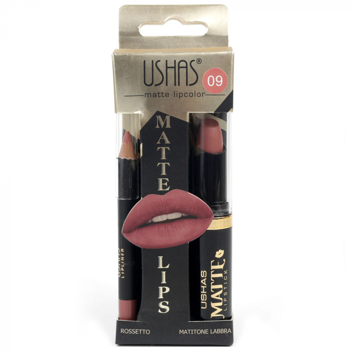 Set buze cu Ruj Mat si Creion de buze, USHAS Matte Lips, 09 Rebel Nude