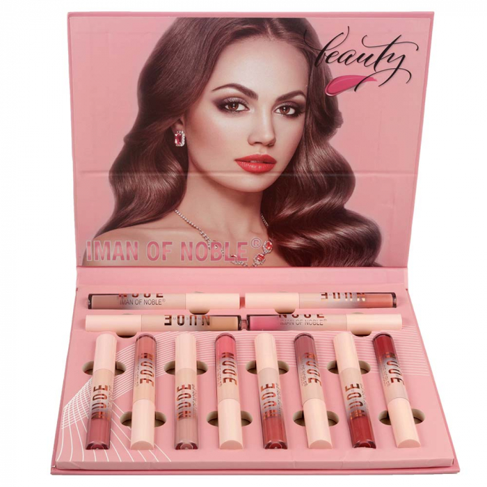 Set 12 Rujuri Lichide Mate NUDE, Rezistente la Transfer, IMAN OF NOBLE Beauty Lip Set, 12 x 8 ml