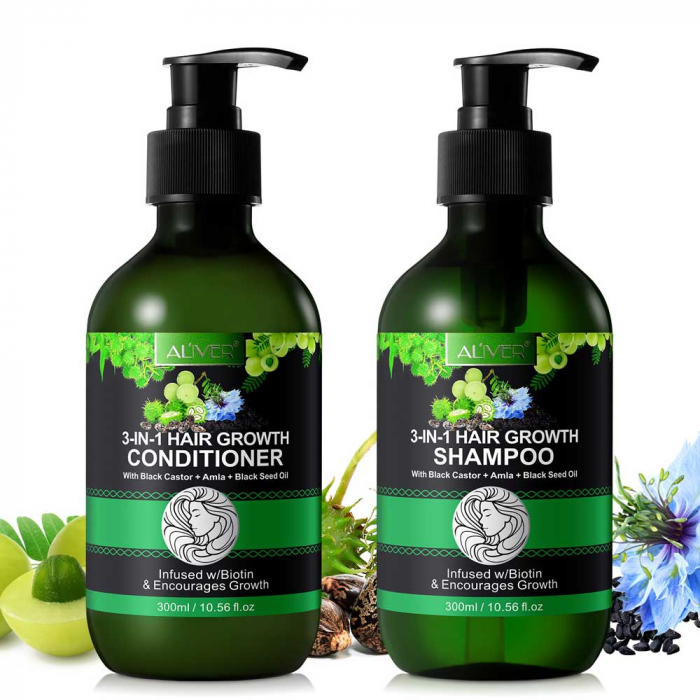 Set Crestere Par cu Sampon si Balsam 3 in 1 Ricin, Amla, Negrilica, 2 x 300 ml
