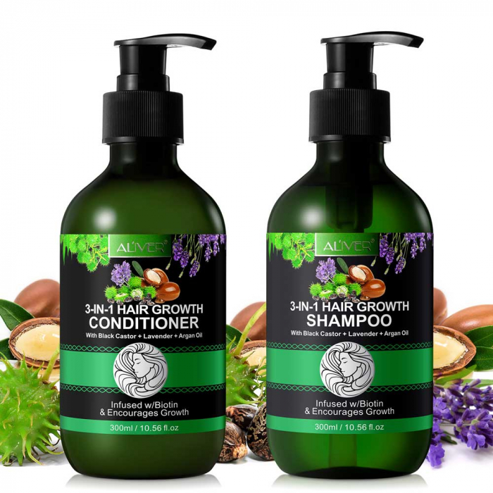 Set Crestere Par cu Sampon si Balsam 3 in 1 Ricin, Lavanda, Argan, 2 x 300 ml