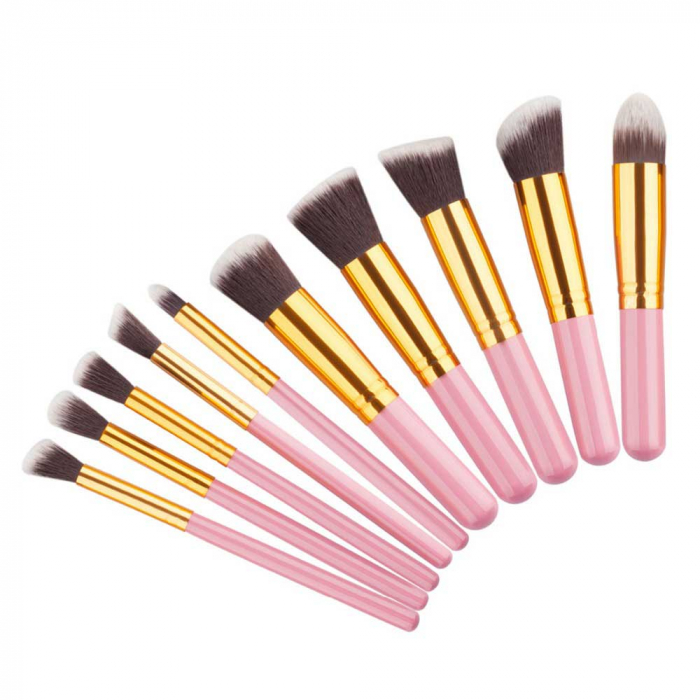 Set de 10 Pensule Profesionale Top Quality Kabuki, Pink Gold-big
