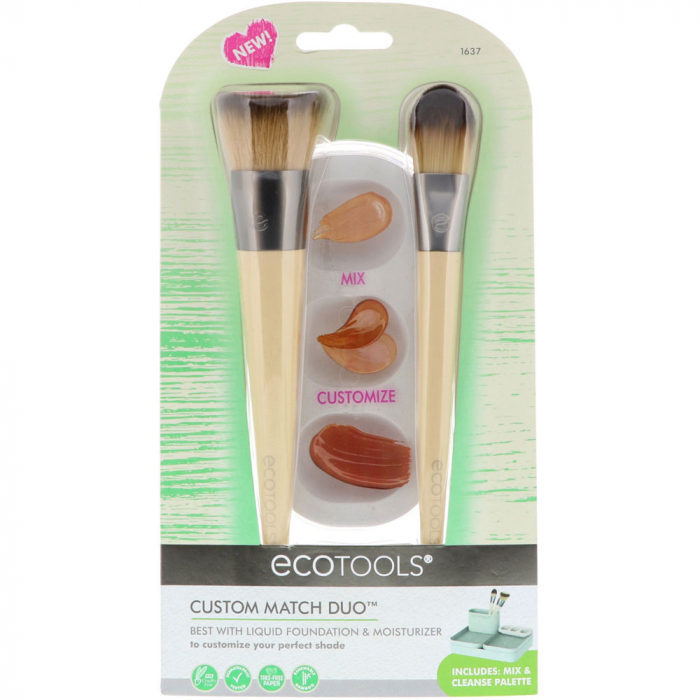 Set de 2 pensule profesionale ECOTOOLS Custom Match Duo, cu tavita pentru blending si curatare