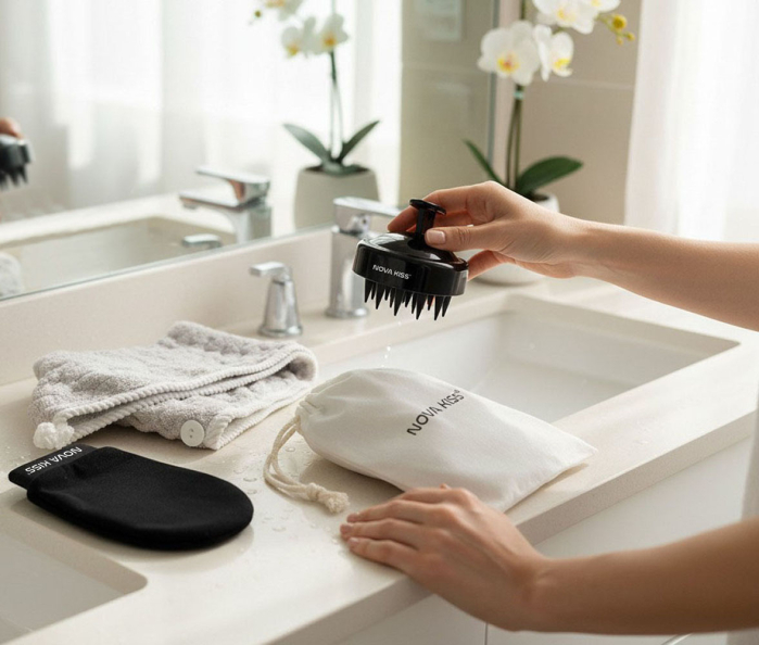 Set SPA cu Perie Masaj Scalp, Prosop Turban, Manusa Exfolianta si Saculet din Bumbac Organic, NOVA KISS®-big