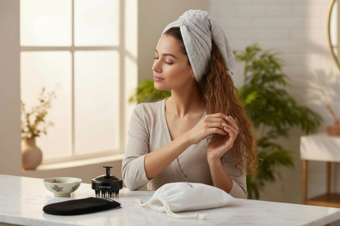 Set SPA cu Perie Masaj Scalp, Prosop Turban, Manusa Exfolianta si Saculet din Bumbac Organic, NOVA KISS®-big