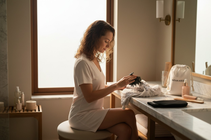 Set SPA cu Perie Masaj Scalp, Prosop Turban, Manusa Exfolianta si Saculet din Bumbac Organic, NOVA KISS®-big