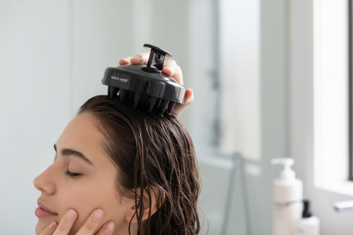 Set SPA cu Perie Masaj Scalp, Prosop Turban, Manusa Exfolianta si Saculet din Bumbac Organic, NOVA KISS®-big