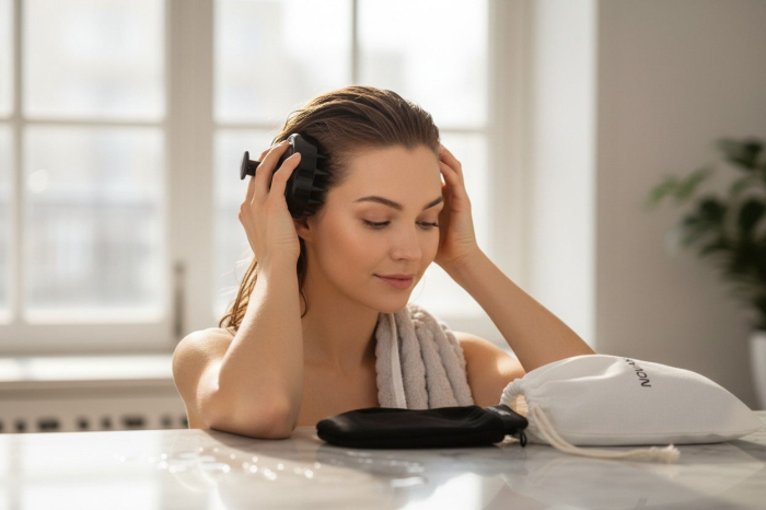 Set SPA cu Perie Masaj Scalp, Prosop Turban, Manusa Exfolianta si Saculet din Bumbac Organic, NOVA KISS®-big