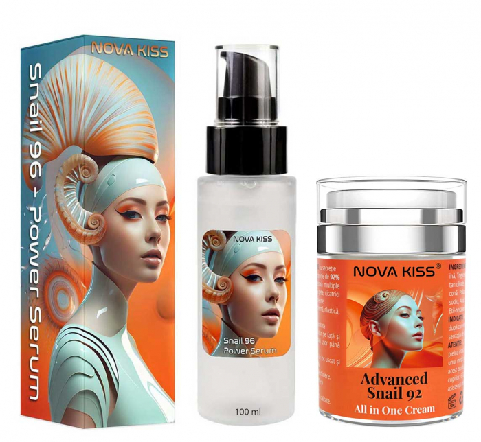 Set Facial Secretie Firltrata de Melc NOVA KISS   cu Ser 96% Snail Power si Crema Advanced Snail 92 All in One