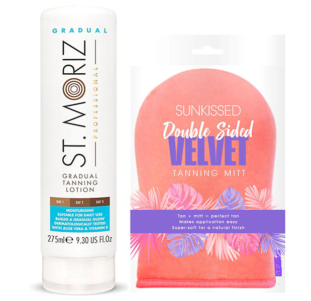 Set pentru autobronzare profesionala ST MORIZ cu Lotiune Gradual Tan si Manusa dubla SUNKISSED