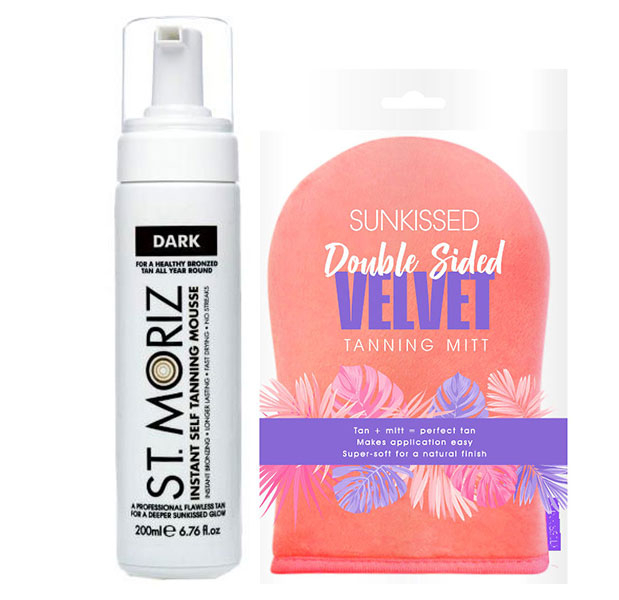 Set pentru autobronzare profesionala ST MORIZ cu Spuma Dark si Manusa dubla SUNKISSED