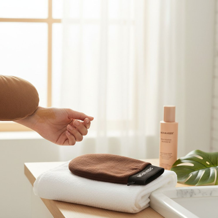 Set Profesional pentru Bronzare Fara Urme NOVA KISS® Tan Like a Pro, cu Manusa Autobronzanta, Manusa Exfolianta si Aplicator Spate-big